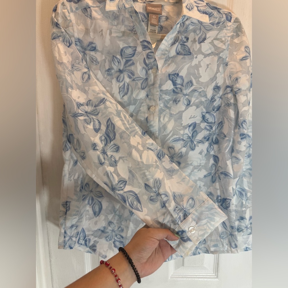 Chico’s Blue Floral Long Sleeve Semi Sheer Button Down Blouse Women’s Sz 0 (Sm) - Picture 5 of 11